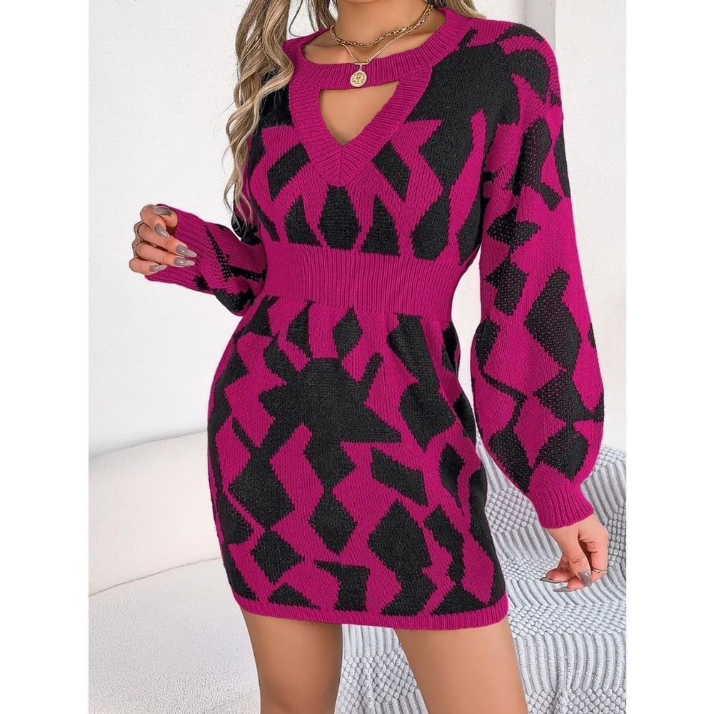 Pink And Black Cutout Long Sleeve Sweater Dress